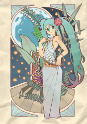 Rule 34 | aqua hair, art nouveau, bracelet, flower, hair flower, hair ornament, hatsune miku, jewelry, lily of the valley, long hair, moon, necklace, solo, spring onion, star (symbol), twintails, vocaloid, waku (dcb)