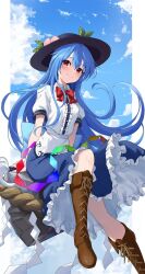 Rule 34 | 1girl, black headwear, blue hair, blue skirt, blue sky, bow, bowtie, brown footwear, center frills, closed mouth, cloud, cross-laced footwear, food, frills, fruit, full body, highres, hinanawi tenshi, keystone, leaf, long hair, looking at viewer, outdoors, peach, red bow, red bowtie, red eyes, rope, shimenawa, shirt, short sleeves, sitting, skirt, sky, smile, solo, sword of hisou, touhou, white shirt, yoshinatsu