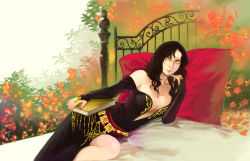 Rule 34 | 1girl, bad id, bad pixiv id, bed, belly chain, black dress, black hair, book, breasts, bridal gauntlets, center opening, circlet, cleavage, detached sleeves, diadem, dress, finger to mouth, fingernails, fire emblem, fire emblem: the blazing blade, flower, gloves, head chain, ironwork, jewelry, large breasts, lips, lipstick, long fingernails, long hair, lying, makeup, nail polish, nintendo, no bra, on bed, on side, parted lips, pillow, pinky out, plant, red lips, red nails, smile, solo, sonia (fire emblem: the blazing blade), strapless, strapless dress, sukekiyo, wavy hair, yellow eyes