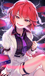 Rule 34 | 1girl, arm belt, arm strap, arm support, belt, black belt, black shirt, blurry, blurry background, blurry foreground, blush, breasts, commentary request, cross, depth of field, drum, drumsticks, electricity, electrokinesis, floating, glowing, hand up, highres, holding, holding drumsticks, horikawa raiko, instrument, jacket, large breasts, long sleeves, looking at viewer, mitsudomoe (shape), necktie, open clothes, open jacket, open mouth, plaid, plaid shirt, purple necktie, red eyes, red hair, shirt, short hair, shorts, sidelocks, single strap, sitting, skirt, skirt set, smile, solo, sparks, string, syuri22, taiko drum, thigh strap, tomoe (symbol), touhou, white jacket, white shorts, white skirt, wing collar