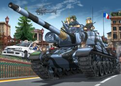 Rule 34 | 1boy, 2girls, ;), absurdres, aircraft, amx 30b2 brenus, assault rifle, black gloves, blonde hair, blue jacket, blue shirt, blue sky, brown hair, building, bullpup, camouflage, camouflage jacket, car, caterpillar tracks, closed eyes, cloud, commentary request, daniel morales, day, eurocopter fennec, famas, flagpole, france, french army, french flag, gloves, goggles, goggles on headwear, green headwear, green jacket, gun, hat, headlight, headpiece, helicopter, helmet, highres, holding, holding gun, holding weapon, jacket, kepi, lamppost, left-hand drive, license plate, microphone, mikeran (mikelan), military hat, military jacket, military vehicle, motor vehicle, multiple girls, one eye closed, open mouth, original, outdoors, peugeot, peugeot 406, radio antenna, rifle, road, roundel, shirt, sky, sleeves rolled up, smile, soldier, street, sweatdrop, tank, tank helmet, tank turret, taxi, taxi (series), tree, trigger discipline, v, vehicle focus, weapon, white car
