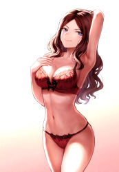 Rule 34 | 1girl, absurdres, arm up, armpits, bare shoulders, blue eyes, bra, breasts, brown hair, cleavage, closed mouth, collarbone, fate/grand order, fate (series), gradient background, hand on own chest, highres, hip focus, large breasts, leonardo da vinci (fate), long hair, looking at viewer, mashuu (neko no oyashiro), navel, panties, parted bangs, red bra, red panties, scan, smile, solo, thighs, underwear, underwear only, wavy hair