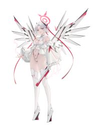 Rule 34 | 1girl, absurdres, bare shoulders, breasts, cleavage, detached sleeves, drake (nikke), full body, goddess of victory: nikke, halo, high heels, highres, leotard, looking at viewer, mechanical wings, medium breasts, navel, ohisashiburi, red eyes, red nails, see-through, short hair, simple background, solo, thighhighs, white background, white hair, white thighhighs, wings