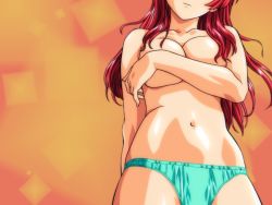 Rule 34 | 1girl, breast hold, breasts, covering privates, green (game), highres, long hair, mizuno makoto (green), navel, panties, red hair, solo, square, underwear