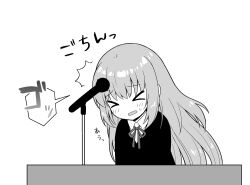 Rule 34 | &gt; &lt;, 1girl, ^^^, angel beats!, blazer, blush, closed eyes, collared shirt, greyscale, irie miyuki, jacket, long hair, microphone, microphone stand, monochrome, nakamura hinato, neck ribbon, open mouth, ribbon, shirt, simple background, solo, sweat, translation request, upper body, very long hair, white background