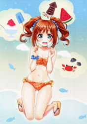 Rule 34 | + +, 1girl, :d, absurdres, bikini, blue eyes, breasts, brown hair, clam, courreges ace, crab, drooling, fish, flip-flops, food, fruit, highres, idolmaster, idolmaster (classic), ikayaki, kneeling, navel, open mouth, orange bikini, popsicle, sandals, scan, shaved ice, small breasts, smile, solo, squid, swimsuit, takatsuki yayoi, tareme, twintails, watermelon