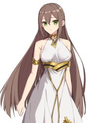 Rule 34 | 1girl, adele (fate), armlet, bare shoulders, breasts, brown hair, closed mouth, dress, elfenlied22, fate/grand order, fate (series), green eyes, hair between eyes, highres, jewelry, long hair, looking at viewer, medium breasts, neck ring, simple background, solo, underbust, very long hair, white background, white dress