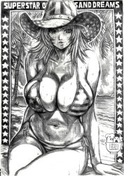 Rule 34 | 1girl, beach, bikini, breasts, cowboy hat, dead or alive, hat, large breasts, long hair, looking at viewer, monochrome, ocean, palm tree, sitting, skidrow, star (symbol), swimsuit, tina armstrong, tree, wet