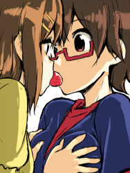 Rule 34 | 2girls, grabbing another&#039;s breast, breasts, brown hair, casual, eye contact, face, face-to-face, food, forehead-to-forehead, fruit, glasses, grabbing, hamao, heads together, hirasawa yui, k-on!, looking at another, manabe nodoka, medium breasts, mouth hold, multiple girls, red-framed eyewear, semi-rimless eyewear, shared food, short hair, strawberry, surprised, under-rim eyewear, yuri