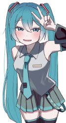 Rule 34 | 1girl, aqua eyes, aqua hair, aqua necktie, black sleeves, black thighhighs, blush, breasts, collared shirt, commentary request, cowboy shot, detached sleeves, double-parted bangs, eyelashes, furuima, green skirt, grey shirt, hair between eyes, hair ornament, hand up, hatsune miku, long hair, looking at viewer, medium breasts, necktie, open mouth, pleated skirt, shirt, sidelocks, simple background, skirt, sleeveless, sleeveless shirt, small breasts, smile, tearing up, thigh gap, thighhighs, thighs, twintails, v, v over head, very long hair, vocaloid, white background, zettai ryouiki
