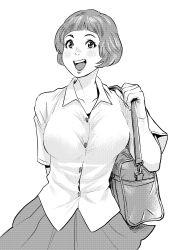 Rule 34 | 1girl, :d, absurdres, arm at side, bag, blush, bob cut, breasts, greyscale, highres, imajun, large breasts, monochrome, open mouth, original, school bag, school uniform, shirt, short hair, short sleeves, simple background, skirt, smile, solo, white background, white shirt