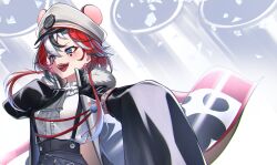 Rule 34 | 1girl, absurdres, animal ears, armband, black coat, blue eyes, cannon, coat, hakos baelz, hakos baelz (4th costume), hat, highres, hololive, hololive english, jellen aura, military hat, mouse ears, multicolored hair, red hair, sharp teeth, shirt, sleeves past fingers, sleeves past wrists, streaked hair, suspenders, teeth, virtual youtuber, white shirt
