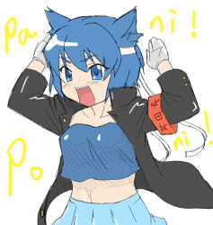 Rule 34 | 00s, 1girl, animal ears, armlet, blue eyes, blue hair, blue skirt, collarbone, cowboy shot, gloves, hair ornament, hairclip, jacket, long sleeves, matching hair/eyes, midriff, open clothes, open jacket, open mouth, ouendan, pani poni dash!, serizawa akane, simple background, skirt, solo, tank top, white background, white gloves