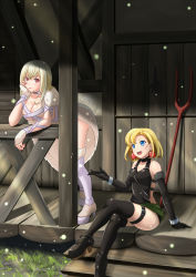 Rule 34 | 2girls, 7nanappe, artemis (junketsu no maria), blonde hair, blue eyes, breasts, cleavage, earrings, elbow gloves, gloves, highres, jewelry, junketsu no maria, large breasts, maria (junketsu no maria), medium breasts, multiple girls, nail polish, red eyes, short hair, smile, thigh strap, thighhighs