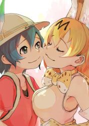 Rule 34 | 10s, 2girls, animal ears, blonde hair, blue eyes, blue hair, bow, bowtie, bucket hat, cheek-to-cheek, closed eyes, commentary, elbow gloves, first forest, gloves, hat, hat feather, heads together, kaban (kemono friends), kemono friends, multiple girls, red shirt, serval (kemono friends), serval print, shirt, simple background, sleeveless, sleeveless shirt, smile