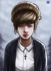 Rule 34 | 1girl, absurdres, artist logo, black jacket, blonde hair, christt, closed eyes, collared shirt, cross, cross necklace, grey sky, highres, jacket, jewelry, kate marsh, life is strange, necklace, open clothes, open jacket, outdoors, rain, shirt, sky, solo, updo, upper body, watermark, white shirt