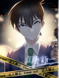 Rule 34 | 1boy, absurdres, black hair, blue eyes, blurry, blurry background, brown hair, caution tape, character name, closed mouth, commentary request, gun, hair between eyes, handgun, highres, holding, holding weapon, keep out, kudou shin&#039;ichi, looking at viewer, male focus, meitantei conan, michelan, necktie, portrait, revolver, shirt, short hair, smile, solo, translation request, upper body, weapon, white shirt
