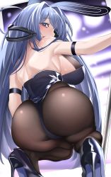 Rule 34 | 1girl, animal ears, artist request, ass, azur lane, bare shoulders, blue eyes, blue hair, blush, breasts, cameltoe, come hither, from behind, high heels, highres, huge ass, large breasts, leotard, long hair, looking at viewer, looking back, looking down, new jersey (azur lane), new jersey (exhilarating steps!) (azur lane), open mouth, pantyhose, pole, pole dancing, rabbit ears, shiny clothes, shiny skin, sideboob, smile, solo, squatting, thick thighs, thighs, very long hair