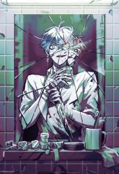 Rule 34 | 1boy, bandages, bathroom, blood, blood on clothes, blood on face, bloody knife, broken mirror, crazy eyes, cup, dual persona, earrings, glint, highres, holding, holding knife, ike eveland, jewelry, knife, looking at viewer, male focus, mirror, mug, nijisanji, nijisanji en, papercider, pill, red hair, shirt, solo, toothbrush, toothpaste, twitter username, virtual youtuber