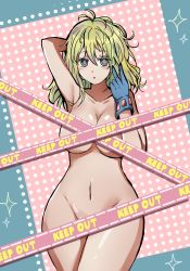 Rule 34 | 1girl, :o, arm behind head, arm up, blue eyes, blue gloves, blush, boku no hero academia, breasts, caution tape, cleavage, commentary, convenient censoring, english commentary, gloves, green hair, groin, hagakure tooru, highres, keep out, long hair, looking at viewer, medium breasts, messy hair, mr out-side09, navel, nude, polka dot, polka dot background, solo, standing, unusually visible, v