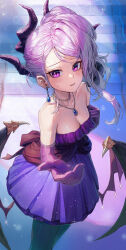 Rule 34 | 1girl, absurdres, black horns, black wings, blue archive, blush, breasts, cleavage, dangle earrings, demon horns, demon wings, dress, earrings, elbow gloves, feet out of frame, gloves, grey hair, highres, hina (blue archive), hina (dress) (blue archive), horns, jewelry, kokukyukeo, long hair, looking at viewer, multiple horns, necklace, official alternate costume, official alternate hairstyle, open mouth, pantyhose, pendant, purple dress, purple eyes, purple gloves, purple pantyhose, purple wings, small breasts, solo, strapless, strapless dress, wings