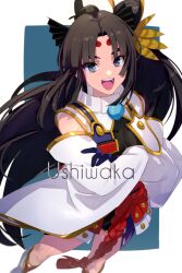 Rule 34 | 1girl, :d, armor, black hair, black leotard, blue eyes, breast curtains, breasts, character name, detached sleeves, echo (circa), eyeliner, fate/grand order, fate (series), feather hair ornament, feathers, hair bun, hair ornament, hat, japanese armor, leotard, long hair, looking at viewer, makeup, medium breasts, melty blood: type lumina, open mouth, parted bangs, side ponytail, sidelocks, single side bun, smile, solo, thighs, ushiwakamaru (fate), ushiwakamaru (tour outfit) (fate), very long hair, wide sleeves