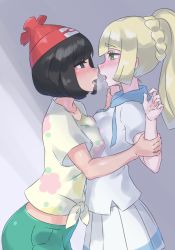 Rule 34 | 2girls, after kiss, alternate hairstyle, aqua shorts, black hair, blonde hair, blue eyes, blunt bangs, blush, bracelet, braid, breast press, breasts, creatures (company), floral print, from side, game freak, hat, heavy breathing, holding another&#039;s wrist, jewelry, leaning forward, lillie (pokemon), long hair, looking at another, medium breasts, miniskirt, mizuumi (bb), multiple girls, nintendo, open mouth, pleated skirt, pokemon, pokemon sm, ponytail, profile, puffy short sleeves, puffy sleeves, red hat, saliva, saliva trail, selene (pokemon), shirt, short hair, short shorts, short sleeves, shorts, skirt, spoilers, swept bangs, symmetrical docking, t-shirt, tied shirt, twin braids, upper body, white shirt, white skirt, yellow shirt, yuri