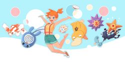 Rule 34 | 1girl, :d, arms up, bad id, bad pixiv id, blue background, blue eyes, blue shorts, commentary request, creatures (company), game freak, gen 1 pokemon, gen 2 pokemon, goldeen, gym leader, horsea, looking at viewer, midriff, misty (pokemon), navel, nintendo, open mouth, orange hair, pokemon, pokemon (anime), pokemon (classic anime), pokemon (creature), pokemon move, poliwag, psyduck, shirt, unworn shoe, shoes, unworn shoes, short ponytail, short shorts, shorts, side ponytail, single shoe, sleeveless, sleeveless shirt, smile, smokescreen (pokemon), sneakers, starmie, staryu, suspenders, togepi, yellow shirt, yoshida (penguindynamite)