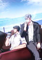Rule 34 | 2boys, absurdres, black jacket, brown hair, car, cloud, collared shirt, commentary request, convertible, cup, day, disposable cup, highres, ilay riegrow, jacket, jeong taeui, korean commentary, male focus, motor vehicle, multiple boys, o ssion, ocean, open clothes, passion (manhwa), red car, shirt, sitting on car, sky, smoke trail, smoking, sunglasses, white hair, white shirt