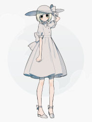 Rule 34 | 1girl, ankle strap, arm behind head, back bow, blonde hair, blush stickers, bow, collared dress, dress, expressionless, full body, green eyes, hat, hat bow, highres, looking at viewer, maco22, original, short hair, short sleeves, solo, sun hat, wide brim