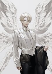 Rule 34 | 1boy, black jacket, black pants, blonde hair, bow, bowtie, collared shirt, commentary, cowboy shot, draco malfoy, feathered wings, formal, grey eyes, hair over one eye, harry potter (series), highres, holding, holding clothes, holding jacket, jacket, unworn jacket, long sleeves, looking at viewer, male focus, multiple wings, pants, parted lips, shirt, short hair, simple background, sleeves past wrists, solo, to e, vest, white background, white bow, white bowtie, white hair, white shirt, white vest, white wings, wing collar, wings, wizarding world