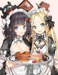 Rule 34 | 2girls, :d, abigail williams (fate), alternate costume, animal, apron, black bow, black dress, black hair, blonde hair, blue eyes, blunt bangs, blush, bow, breasts, cleavage, cleavage cutout, clothing cutout, commentary, dress, enmaided, fate/grand order, fate (series), food, forehead, hair bow, highres, holding, holding tray, katsushika hokusai (fate), long hair, looking at viewer, maid, maid headdress, medium breasts, menu, multiple girls, octopus, open mouth, pancake, pancake stack, parted bangs, puffy short sleeves, puffy sleeves, short sleeves, silver (chenwen), smile, stuffed animal, stuffed toy, symbol-only commentary, teddy bear, teeth, tokitarou (fate), tray, upper teeth only, very long hair, waist apron, white apron, white bow