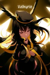 Rule 34 | 1girl, black choker, black hair, black hat, black jacket, black one-piece swimsuit, black wings, blonde hair, breasts, character name, choker, closed mouth, clothing cutout, commentary request, echo (circa), english text, fate/grand order, fate (series), floating hair, half-closed eyes, hat, head wings, jacket, long hair, medium breasts, multicolored hair, one-piece swimsuit, open clothes, open jacket, ortlinde (fate), ortlinde (swimsuit assassin) (fate), red eyes, solo, swimsuit, thrud (fate), thrud (swimsuit assassin) (fate), transformation, two-tone hair, valkyrie (fate), wings