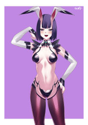Rule 34 | 1girl, absurdres, bob cut, breasts, eyeliner, fate/grand order, fate (series), highres, horns, kurozawa yui, looking at viewer, makeup, medium breasts, meme attire, nail polish, oni, open mouth, purple eyes, purple hair, reverse bunnysuit, reverse outfit, short hair, shuten douji (fate), skin-covered horns, smile, solo