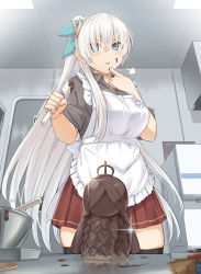 Rule 34 | 1girl, alternate costume, anastasia (fate), apron, black shirt, black thighhighs, blue bow, blue eyes, bow, bowl, breasts, chocolate, chocolate on face, commentary request, door, eyes visible through hair, fate/grand order, fate (series), food, food on face, from below, hair between eyes, hair over one eye, hairband, holding, indoors, kitchen, large breasts, long hair, looking at viewer, pleated skirt, ponytail, red skirt, refrigerator, shirt, shiseki hirame, short sleeves, silver hair, skirt, smile, solo, thighhighs, tongue, tongue out, very long hair, white apron