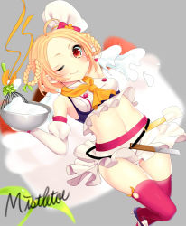 Rule 34 | 1girl, blonde hair, bow, braid, braided hair rings, character name, cream, crop top, flower knight girl, grey background, hair rings, hat, kkmm 0216, looking at viewer, midriff, mistletoe (flower knight girl), mixing bowl, one eye closed, orange bow, red eyes, red thighhighs, short hair, skirt, smile, solo, spatula, thighhighs, whisk, white hat, white skirt, yadorigi (flower knight girl)