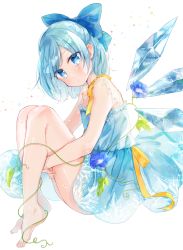 Rule 34 | 1girl, absurdres, adapted costume, bare arms, barefoot, blue bow, blue dress, blue eyes, blue hair, blue nails, blush, bow, cirno, closed mouth, dress, flower, from side, full body, hair bow, half updo, highres, hugging own legs, ice, ice wings, knees up, lace, looking at viewer, moko (mokochisa), morning glory, multicolored nails, nail polish, ribbon, see-through, short hair, simple background, sitting, sleeveless, sleeveless dress, solo, tanned cirno, touhou, white background, wings, yellow nails, yellow ribbon