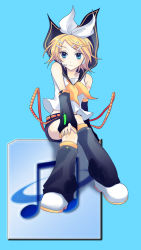 Rule 34 | 1girl, arm warmers, belt, black shorts, blonde hair, blouse, blue background, blue eyes, bow, closed mouth, crossed legs, floating, floating object, full body, glowing, hair bow, hair ornament, hairclip, hand on own knee, headphones, kagamine rin, leg warmers, light smile, microphone, musical note, nail polish, ribbon, sailor collar, shirt, shoes, short hair, shorts, simple background, sitting, sleeveless, solo, swept bangs, tattoo, vocaloid, white bow, white shirt, yellow nails, yellow ribbon