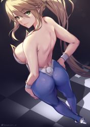 Rule 34 | 1girl, absurdres, animal ears, artoria pendragon (all), artoria pendragon (fate), artoria pendragon (swimsuit ruler) (fate), ass, backless leotard, blonde hair, blue pantyhose, braid, breasts, checkered floor, closed mouth, crown braid, dorsiflexion, fate/grand order, fate (series), foreshortening, from above, gold trim, green eyes, hair between eyes, hand on own hip, hands on own hips, high heels, highres, large breasts, leotard, lips, long hair, looking at viewer, looking back, looking up, pantyhose, playboy bunny, ponytail, queasy s, rabbit ears, rabbit tail, sideboob, sidelocks, solo, tail, very long hair, wrist cuffs