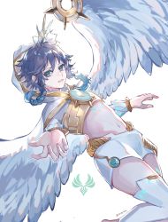 Rule 34 | 1boy, alternate costume, androgynous, black hair, blue hair, braid, bridal gauntlets, capelet, chest tattoo, commentary, crackingtaro, crop top, elbow gloves, english commentary, feathered wings, flower, genshin impact, gloves, gradient hair, green eyes, hair flower, hair ornament, highres, hood, hood up, hooded capelet, leg tattoo, looking at viewer, male focus, midriff, multicolored hair, navel, open mouth, short hair with long locks, shorts, simple background, single thighhigh, sleeveless, smile, solo, tattoo, thighhighs, twin braids, venti (archon) (genshin impact), venti (genshin impact), white background, white flower, white shorts, wings