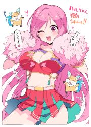 Rule 34 | ;d, blush, breasts, cleavage, cleavage cutout, clothing cutout, highres, himiya jouzu, holding, holding pom poms, large breasts, long hair, looking at viewer, midriff, monster strike, one eye closed, open mouth, pink eyes, pink hair, pom pom (cheerleading), pom poms, pompadour, red skirt, simple background, skirt, smile, speech bubble, very long hair, white background