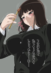 Rule 34 | 1girl, black eyes, black hair, black jacket, blunt bangs, blush, calligraphy brush, closed mouth, dress shirt, frown, girls und panzer, grey background, half-closed eyes, holding, holding brush, jacket, long hair, long sleeves, looking to the side, nishizumi shiho, paintbrush, shichimenchou, shirt, simple background, solo, straight hair, sweat, translated, trembling, upper body, wing collar