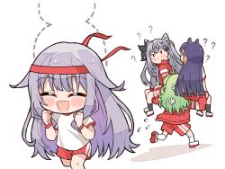 Rule 34 | 4girls, ?, blush stickers, brown eyes, carrying, carrying over shoulder, carrying person, ceres fauna, commentary, english commentary, flying sweatdrops, green hair, grey hair, gym shirt, gym shorts, hair flaps, headband, highres, hololive, hololive english, hololive indonesia, koseki bijou, kukie-nyan, long hair, looking at another, looking back, multiple girls, ninomae ina&#039;nis, open mouth, purple hair, red headband, red shorts, red trim, running, shirt, short sleeves, shorts, simple background, vestia zeta, virtual youtuber, white background