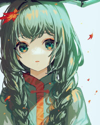 Rule 34 | 1girl, akinomiya asuka, autumn leaves, braid, commentary request, falling leaves, green eyes, green hair, green shirt, highres, infinite blade pavilion, leaf, long hair, looking at viewer, original, parted lips, portrait, shirt, simple background, solo, touhou, twin braids, white background, yasogami shuu