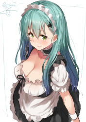 Rule 34 | 10s, 1girl, :d, alternate costume, apron, aqua eyes, aqua hair, black dress, black ribbon, blush, breasts, choker, cleavage, collarbone, dress, enmaided, frilled choker, frills, from above, green eyes, green hair, grin, hair ornament, hairclip, isshiki (ffmania7), kantai collection, large breasts, long hair, looking at viewer, looking up, maid, maid apron, maid headdress, nose blush, open mouth, puffy short sleeves, puffy sleeves, ribbon, short sleeves, signature, simple background, sketch, smile, solo, suzuya (kancolle), twitter username, upper body, waist apron, white apron, white background, wrist cuffs, wristband