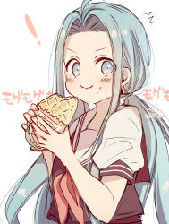 Rule 34 | !, 1girl, :i, ^^^, absurdres, ahoge, alternate hairstyle, text background, black vest, blue eyes, blue hair, blush, bread, closed mouth, eating, food, food on face, forehead, granblue fantasy, hands up, highres, holding, holding food, long hair, looking at viewer, low twintails, lyria (granblue fantasy), neckerchief, parted bangs, pink neckerchief, puffy short sleeves, puffy sleeves, sailor collar, school uniform, serafuku, shirt, short sleeves, simple background, sofra, solo, translated, twintails, upper body, v-shaped eyebrows, very long hair, vest, white background, white sailor collar, white shirt