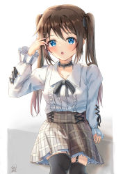 Rule 34 | 1girl, :o, absurdres, alternate hairstyle, aqua eyes, artist name, artist request, black bow, black legwear, black nail polish, black nails, blue eyes, blush, bow, bowtie, breasts, brown hair, brown skirt, center frills, checkered clothes, checkered skirt, collarbone, collared dress, dress, earrings, female focus, frills, garter belt, garter straps, hair between eyes, hair bow, highres, jewelry, long hair, long sleeves, looking at viewer, love live!, love live! nijigasaki high school idol club, miniskirt, nail, nail polish, osaka shizuku, parted lips, plaid, plaid dress, plaid skirt, pleated, pleated dress, pleated skirt, sitting, skirt, small breasts, smile, solo, twintails, white background, white dress