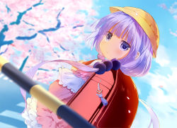 Rule 34 | 10s, 1girl, ardbf, backpack, bag, bag charm, blue sky, blurry, capelet, charm (object), cherry blossoms, day, depth of field, hair bobbles, hair ornament, hat, kanna kamui, kobayashi-san chi no maidragon, light purple hair, long hair, looking at viewer, low twintails, petals, purple eyes, randoseru, school hat, sky, solo, tree, twintails, wind