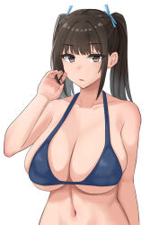 Rule 34 | arm at side, bare arms, bikini, blue bikini, blue ribbon, breasts, brown eyes, brown hair, cleavage, collarbone, expressionless, hair ribbon, hand in own hair, hand up, highres, large breasts, long hair, looking at viewer, navel, open mouth, original, riasu, ribbon, sidelocks, simple background, standing, swimsuit, twintails, underboob, upper body, white background