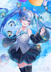 Rule 34 | 1girl, :d, absurdres, annotated, balloon, bare shoulders, belt, black skirt, black sleeves, black thighhighs, blue eyes, blue hair, blue nails, blue necktie, blue sky, blush, character name, cloud, cloudy sky, collared shirt, cowboy shot, day, detached sleeves, floating hair, frilled shirt, frills, hair between eyes, hands up, happy birthday, hatsune miku, head tilt, highres, ievan polkka (vocaloid), karakuri pierrot (vocaloid), kimagure mercy (vocaloid), legs together, long hair, long sleeves, looking at viewer, loose belt, matryoshka (vocaloid), miniskirt, nail polish, necktie, number tattoo, open mouth, outdoors, outstretched arms, pleated skirt, ren&#039;ai saiban (vocaloid), romeo to cinderella (vocaloid), seisaiminty, senbonzakura (vocaloid), shinkai shoujo (vocaloid), shirt, skirt, sky, sleeveless, sleeveless shirt, smile, solo, songover, supreme (module), tattoo, teeth, thighhighs, tie clip, twintails, upper teeth only, very long hair, vocaloid, watermark, white shirt, world is mine (vocaloid), zettai ryouiki